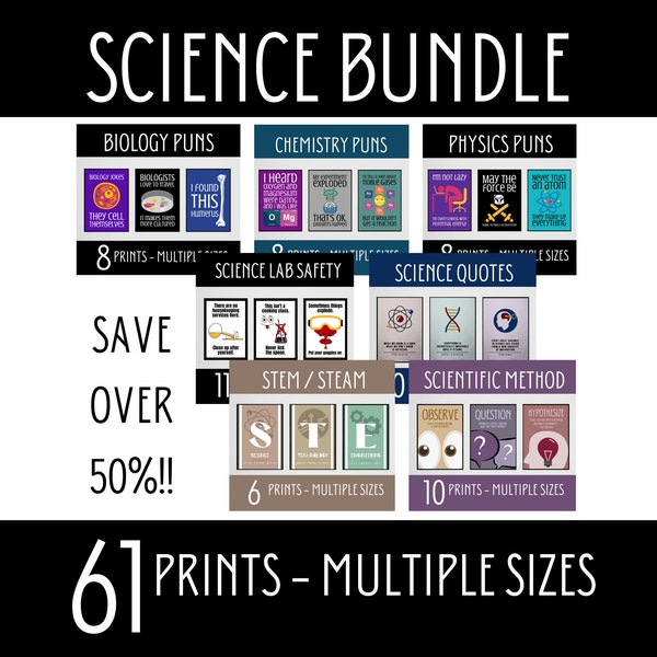 Science Classroom Poster Bundle, Middle School Science Decor, Funny High School Science, Biology Chemistry Physics Puns, Scientific Method