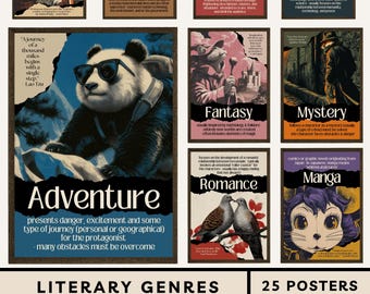 May include: A set of 25 posters showcasing literary genres with a humorous animal theme. The posters cover genres such as Nonfiction, Dystopian, Horror, Science Fiction, Adventure, Fantasy, Mystery, Romance, and Manga. Ideal for an English classroom.
