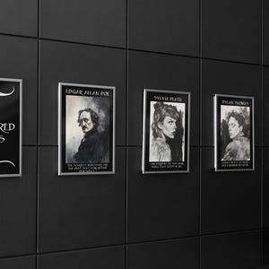 May include: A series of framed black and white portraits of poets, including Edgar Allan Poe, Sylvia Plath, and Patti Smith, hang on a dark wall. The first frame reads "The Tortured Poets".