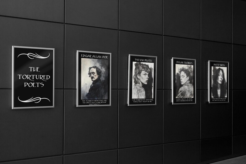 May include: A series of framed black and white portraits of poets, including Edgar Allan Poe, Sylvia Plath, and Patti Smith, hang on a dark wall. The first frame reads "The Tortured Poets".