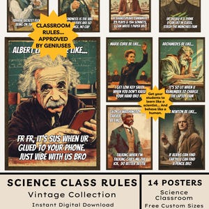 Poster für Wissenschafts-Klassenzimmer-Regeln: Lustige Gen Alpha-Klassenzimmer-Regeln Berühmte Wissenschaftler in der Geschichte STEM Biologie-Chemie-Physik-Unterricht