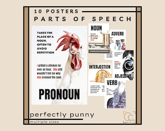 Poster mit Teilen der Sprache: Lustige Mittelschule Englisch Klassenzimmer Dekor Elementare Grammatik Wortspiele Satzstruktur