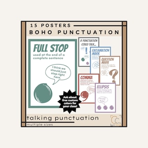 Lot d'affiches de signes de ponctuation : déco de classe d'anglais de collège, affiches de ponctuation drôles de grammaire primaire