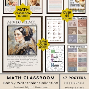 Math Classroom Poster Bundle: Famous Mathematicians Angles Triangles Math Symbols Posters Funny Math Puns Equations