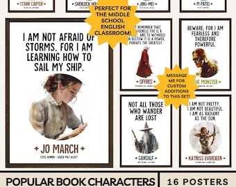 May include: A collection of 16 inspirational posters featuring popular book characters. Each poster has a quote and character name. The collection includes characters like Jo March, Sherlock Holmes, and Katniss Everdeen. The posters are designed for an English classroom.