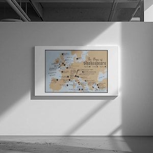 May include: A framed map of Europe with pins marking the locations of Shakespeare's plays. The map is titled "The Plays of Shakespeare" and includes the locations of the plays, including "The Merchant of Venice", "Othello", and "Hamlet".