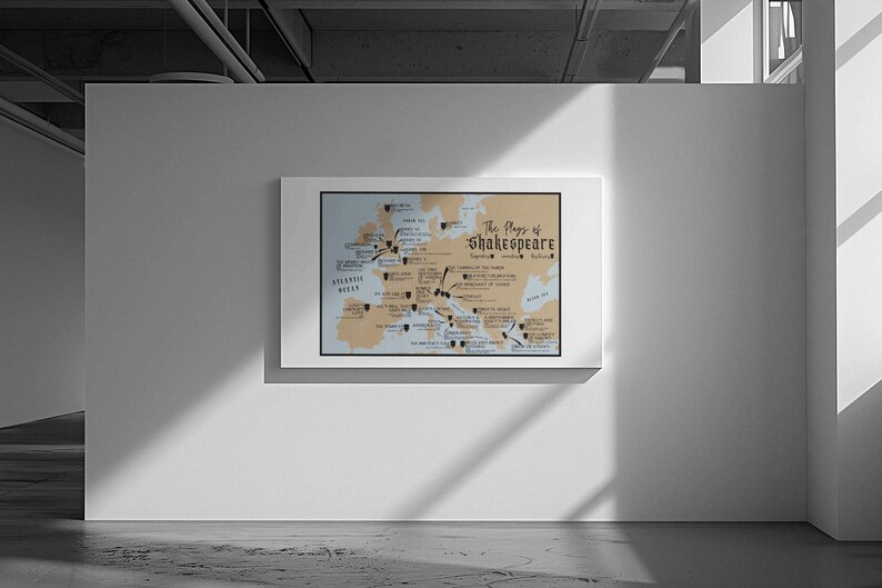 May include: A framed map of Europe with pins marking the locations of Shakespeare's plays. The map is titled "The Plays of Shakespeare" and includes the locations of the plays, including "The Merchant of Venice", "Othello", and "Hamlet".