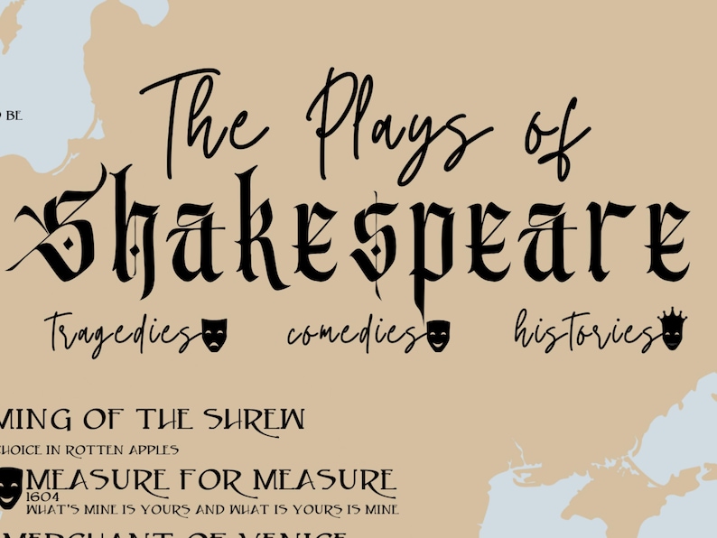May include: A beige background with black text that reads "The Plays of Shakespeare". Below the title are the words "Tragedies", "Comedies", and "Histories" with a mask icon next to each word. The text "Taming of the Shrew" is below the tragedies section. Below the comedies section is the text "Measure for Measure" with the text "What's mine is yours and what is yours is mine" below it.