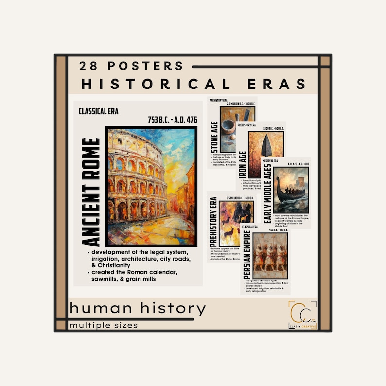 Posters om historiska epoker: Dekor för gymnasieklassrum, posterpaket med tidslinje över mänsklig historia, perioder i världshistorien bild 1