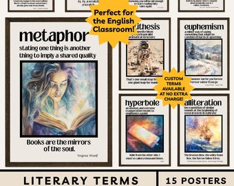 Puede incluir: Un conjunto de 15 carteles de términos literarios para el aula de inglés. La colección de acuarelas incluye términos como metáfora e hipérbole. Descarga digital instantánea, tamaños personalizados gratuitos.