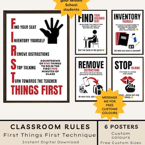 Op de afbeelding: Een set van zes klaslokaalposters met de First Things First-techniek. De posters bevatten tekstinstructies voor leerlingen zoals Find Your Seat, Inventory Yourself, Remove Distractions, Stop Talking en Turn Towards The Teacher.