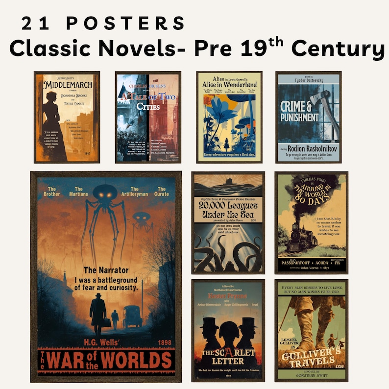 Classic Novels Poster Bundle: Vintage Literature Movie Posters High School English Classroom Popular Book Covers Middle School Novels image 5