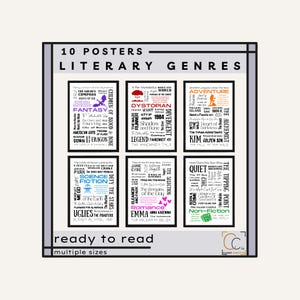 Affiches genres littéraires Lycée Anglais Décoration de salle de classe Affiches de bibliothèque d&#39;école Livres populaires Romans célèbres Art mural littéraire