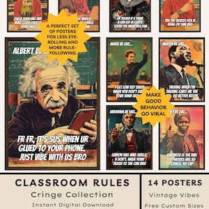 Puede incluir: Una colección de catorce pósteres rectangulares para el aula con figuras históricas como Albert Einstein, Frida Kahlo y Abraham Lincoln. Cada póster incluye un retrato, un fondo de estilo vintage y leyendas con jerga moderna.