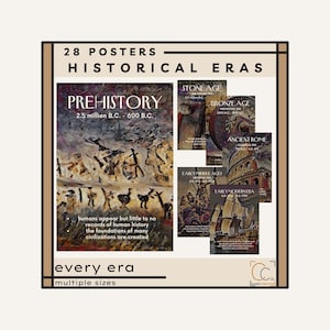 Carteles de épocas históricas: Decoración de aulas de secundaria. Paquete de carteles de la línea de tiempo de la historia humana. Unidad de períodos de la historia mundial.