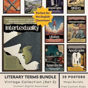 Op de afbeelding: Een verzameling posters in vintage-stijl met literaire termen, waaronder Metonymie, Enjambement en Intertekstualiteit. De posters hebben een klassiek ontwerp met illustraties en tekst, perfect voor Engelse klaslokalen. De bundel bevat 39 posters met gratis aangepaste formaten.