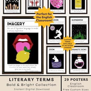 May include: A set of 29 literary terms posters for the English classroom, featuring bold and bright designs. Each poster explains a term like metaphor or imagery. Instant digital download, with free custom sizes.