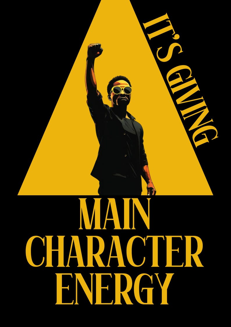 Puede incluir: P&oacute;ster de arte digital con fondo negro y tri&aacute;ngulo amarillo. La imagen presenta a una persona con gafas de sol levantando el pu&ntilde;o. El texto dice "IT'S GIVING" y "MAIN CHARACTER ENERGY" en amarillo.