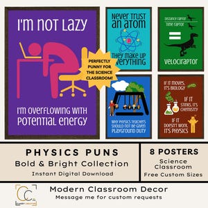 Pósters con juegos de palabras sobre física: Póster divertido para el aula de ciencias y chistes científicos para la escuela secundaria.