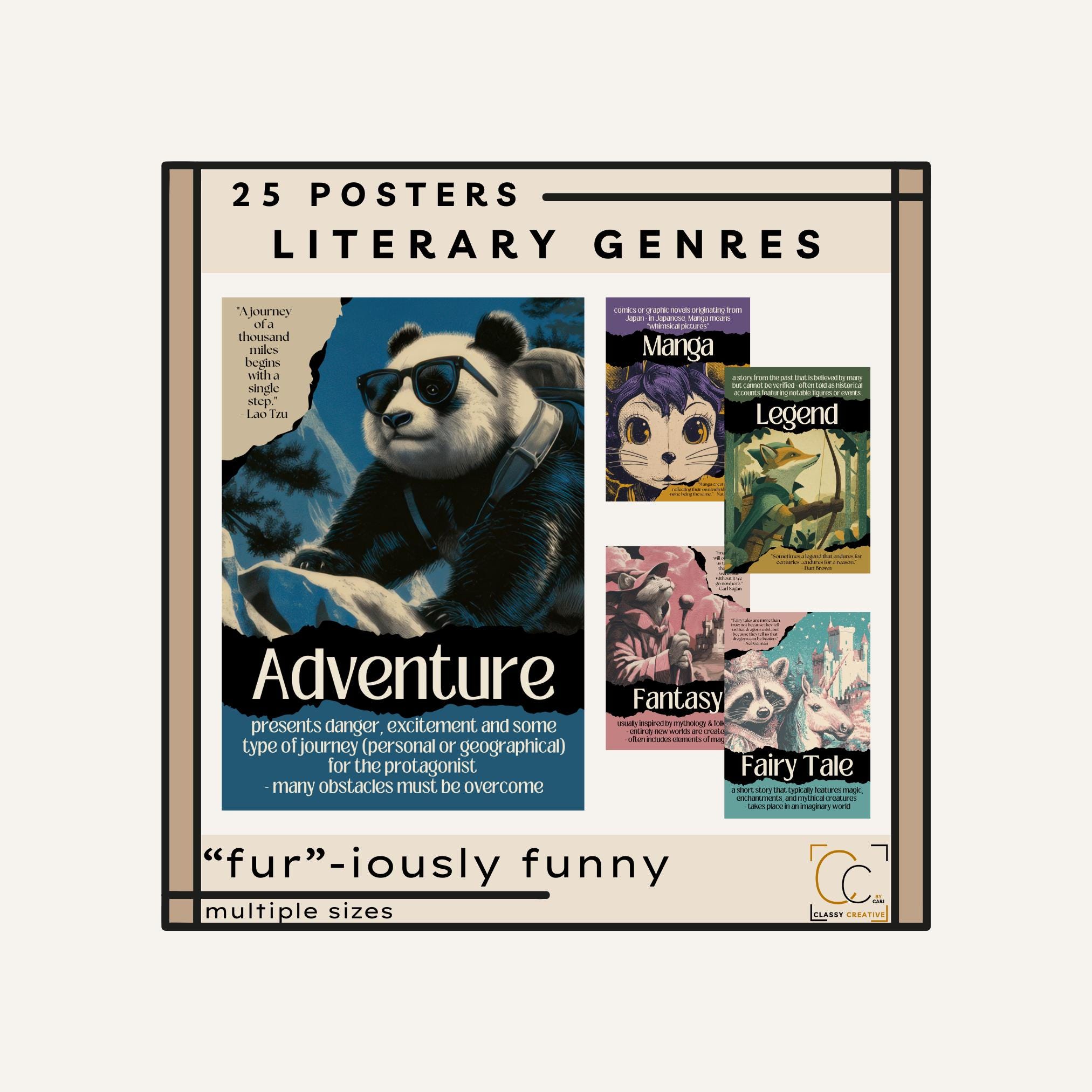 Literary Genres Poster Bundle English Classroom Decor Types of Novels School Library Categories High School English Funny Animals