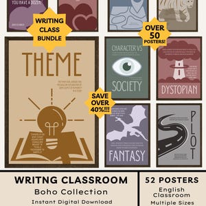 Könnte beinhalten: Eine Sammlung von Lehrplakaten für ein Schreibklassenzimmer. Die Poster zeigen literarische Themen wie "Thema", "Setting" und "Fantasy" mit Zitaten und Illustrationen. Das Bundle enthält über 50 Poster und ist als sofortiger digitaler Download erhältlich.