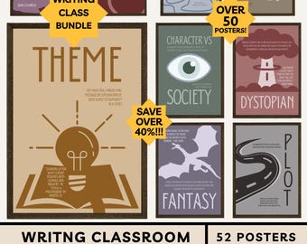 Boho English Classroom Poster Bundle Writing Process Story Elements Literary Genres Rhetorical Appeals Decor Character Archetypes