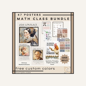 Puede incluir: Un paquete de 47 carteles de clase de matemáticas con varios temas educativos. Los carteles incluyen matemáticos famosos, formas geométricas y símbolos matemáticos. El texto incluye "Math Class Bundle", "Free custom colors" y "multiple sizes".