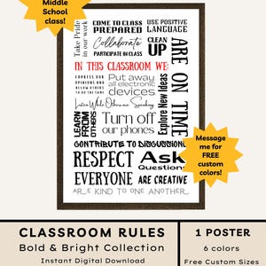 May include: A framed classroom rules poster featuring black and red text on a white background. The text includes phrases like IN THIS CLASSROOM WE: Take Pride in our work, Collaborate, Clean Up, Put away all electronic devices, and Respect Everyone.
