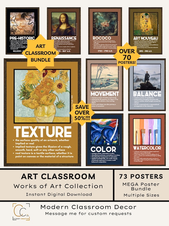 Art Classroom Poster Bundle: Famous Paintings Art History Timeline Elements of Art Principles of Design Artistic Mediums