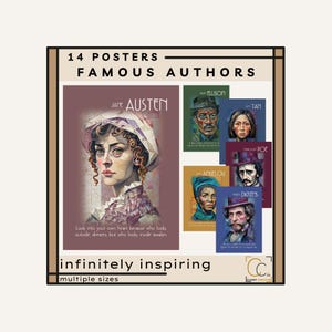 May include: A collection of 14 posters featuring famous authors, including Jane Austen, Maya Angelou, and Edgar Allan Poe. Each poster has a portrait of the author and their name. The posters are in various sizes and are described as infinitely inspiring.