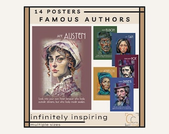 May include: A collection of 14 posters featuring famous authors, including Jane Austen, Maya Angelou, and Edgar Allan Poe. Each poster has a portrait of the author and their name. The posters are in various sizes and are described as infinitely inspiring.