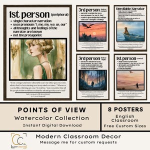 May include: A collection of eight educational posters titled Points of View Watercolor Collection. Each poster features literary definitions of narrative perspectives like 1st person and Unreliable Narrator, accompanied by watercolor illustrations and quotes.