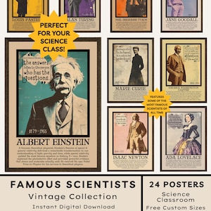 Può includere: Una collezione di ventiquattro poster digitali con ritratti e citazioni di scienziati famosi, tra cui Albert Einstein, Marie Curie e Isaac Newton. Ogni poster mostra una figura storica, una citazione e un testo biografico.