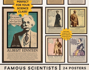 May include: A collection of twenty-four digital posters featuring portraits and quotes from famous scientists including Albert Einstein, Marie Curie, and Isaac Newton. Each poster displays a historical figure, a quote, and biographical text.