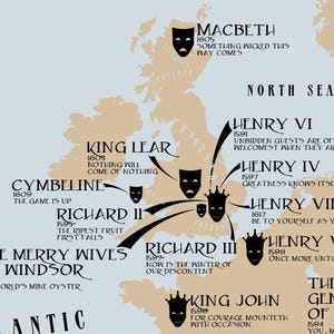 May include: A map of England with the titles of Shakespeare's plays written on it. The plays are grouped by the region of England where they are set. The map is in shades of brown and blue.