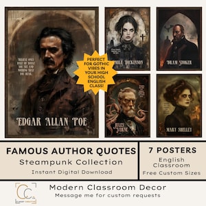 Könnte beinhalten: Eine Sammlung von sieben Postern im Steampunk-Stil mit Zitaten berühmter Autoren wie Edgar Allan Poe und Emily Dickinson. Geeignet für ein englisches Klassenzimmer, als sofortiger digitaler Download verfügbar.