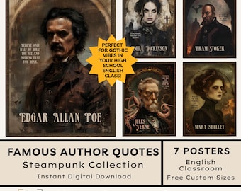 May include: A collection of seven steampunk-style posters featuring famous authors like Edgar Allan Poe and Emily Dickinson. The posters are designed for an English classroom and are available as an instant digital download.