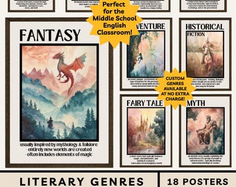 May include: A set of 18 literary genre posters for the English classroom, featuring watercolour illustrations. Genres include fantasy, horror, and romance. Available as an instant digital download, with custom sizes offered.