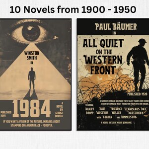 Op de afbeelding: Twee rechthoekige posters met de titel 10 Novels from 1900 - 1950. De linker poster toont een groot oog, een silhouet van Winston Smith en de tekst 1984. De rechter poster toont een silhouet van een soldaat, prikkeldraad en All Quiet on the Western Front.
