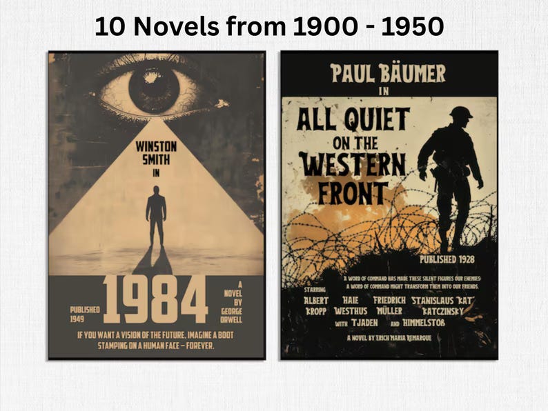 Op de afbeelding: Twee rechthoekige posters met de titel 10 Novels from 1900 - 1950. De linker poster toont een groot oog, een silhouet van Winston Smith en de tekst 1984. De rechter poster toont een silhouet van een soldaat, prikkeldraad en All Quiet on the Western Front.