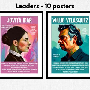May include: Two posters featuring portraits of historical figures. The left poster is pink and features a portrait of Jovita Idar, a journalist, teacher, political activist, and civil rights worker. The right poster is blue and features a portrait of Willie Velasquez, a social activist and voter organizer. Both posters include text about the individuals' accomplishments.