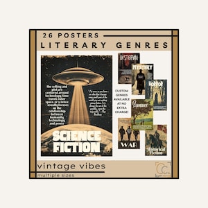 May include: A collection of 26 literary genre posters with a vintage aesthetic. The posters include Science Fiction, Dystopian, Mystery, Horror, Romance, War, and Historical Fiction. The image also includes the text "vintage vibes" and "multiple sizes."