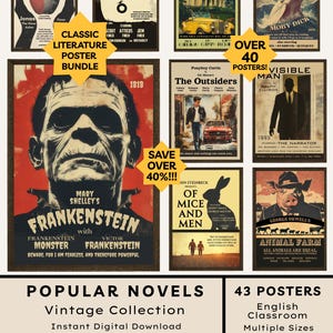 Puede incluir: Una colección de carteles de portadas de libros vintage, incluyendo "Frankenstein", "El Gran Gatsby" y "Moby Dick". Los carteles forman parte de un "Paquete de carteles de literatura clásica" y son para aulas de inglés.
