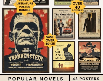 Classic Novels Poster Bundle: Vintage Literature Movie Posters-High School English Classroom Decor- Popular Book Covers Famous Novels