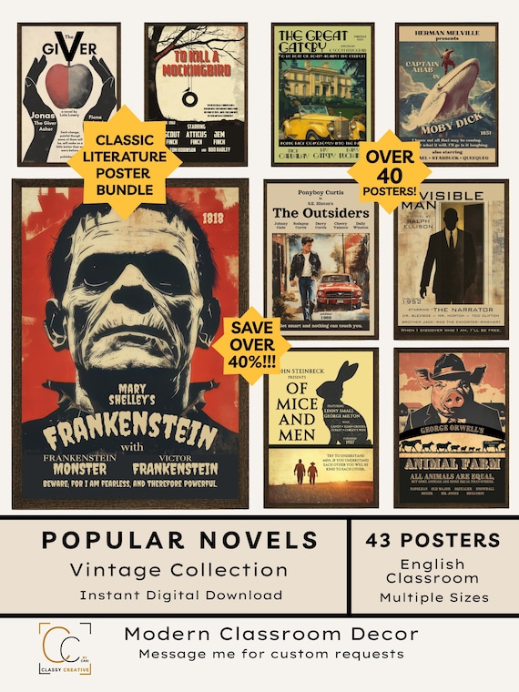 Classic Novels Poster Bundle: Vintage Literature Movie Posters-High School English Classroom Decor- Popular Book Covers Famous Novels