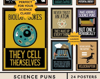 Paquete de pósteres con juegos de palabras científicos: Pósteres divertidos para el aula de ciencias: Biología, Química, Física, Chistes, Humor STEM