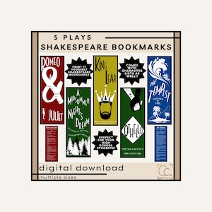 May include: A digital download featuring five Shakespeare bookmarks. Each bookmark showcases a play: Romeo & Juliet, A Midsummer Night's Dream, King Lear, Othello, and The Tempest. Includes character lists. Perfect for high school students.
