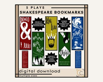 Marcapáginas de Shakespeare: Obras famosas de Shakespeare. Decoración para el aula de inglés de secundaria. Recursos sobre Romeo y Julieta y El sueño de una noche de verano.