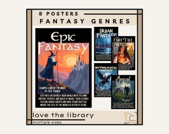 May include: A poster set featuring eight fantasy genres, including Epic Fantasy, Urban Fantasy, and Fairy Tale Retelling. The Epic Fantasy poster shows a wizard and castle. Text includes "love the library" and "multiple sizes."