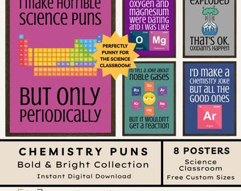 Chemistry Puns Posters: Funny Science Classroom Poster Middle School Science Class Jokes Periodic Table Elements